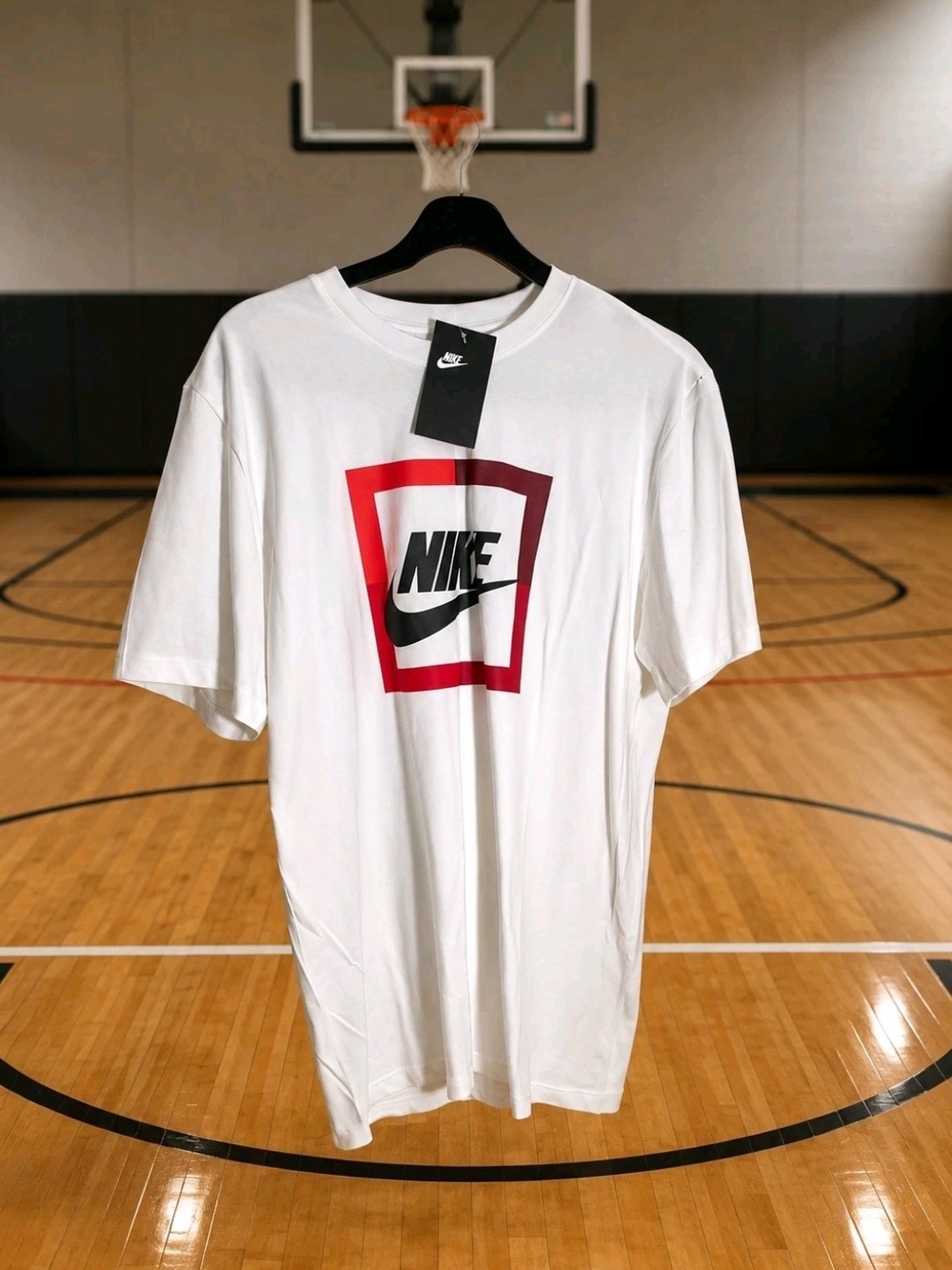 Nike White Short-Sleeve Tee with Red Framed Logo